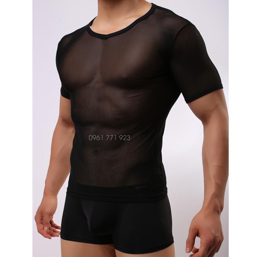 Áo thun lưới nam tay ngắn xuyên thấu sexy Cao Cấp, Áo gym nam body lưới nam đi biển đẹp ngắn tay có bigsize đen trắng
