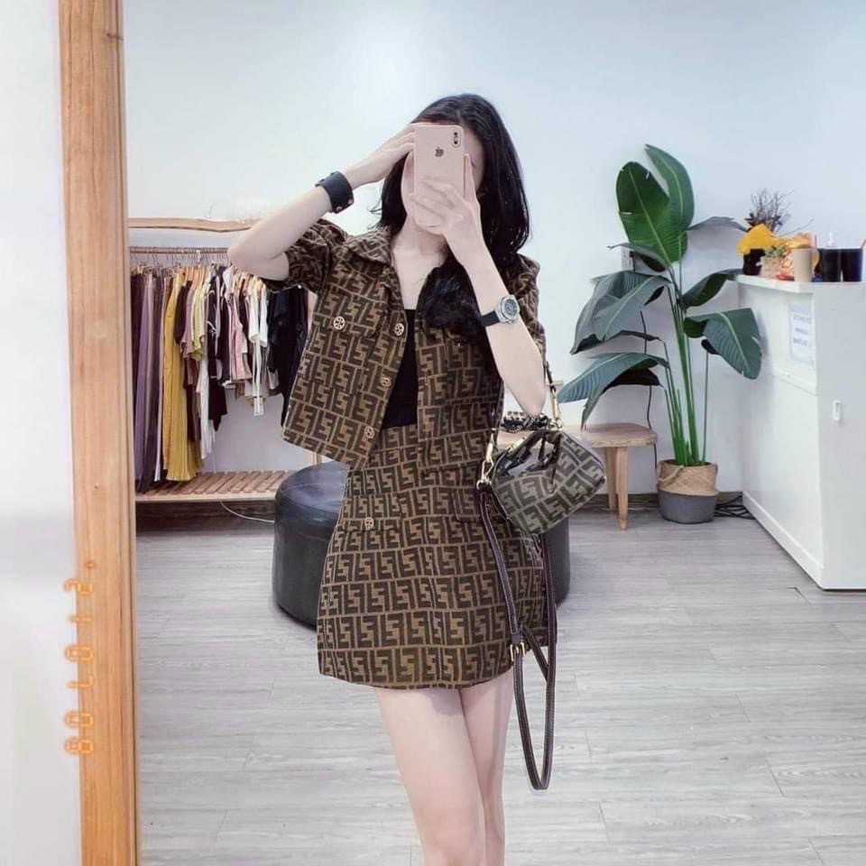 Sét váy nữ áo cổ sen tay ngắn phối nút (có lót) mix chân váy chữ A  họa tiết xinh xắn thời trang nữ công sở, dạo phố
