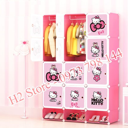 [CÓ ẢNH THẬT] TỦ NHỰA LẮP GHÉP 12 Ô &amp; 3 GIÀY MÀU HỒNG HÌNH KITTY ĐỂ ĐỒ ĐA NĂNG THÔNG MINH sâu 47cm
