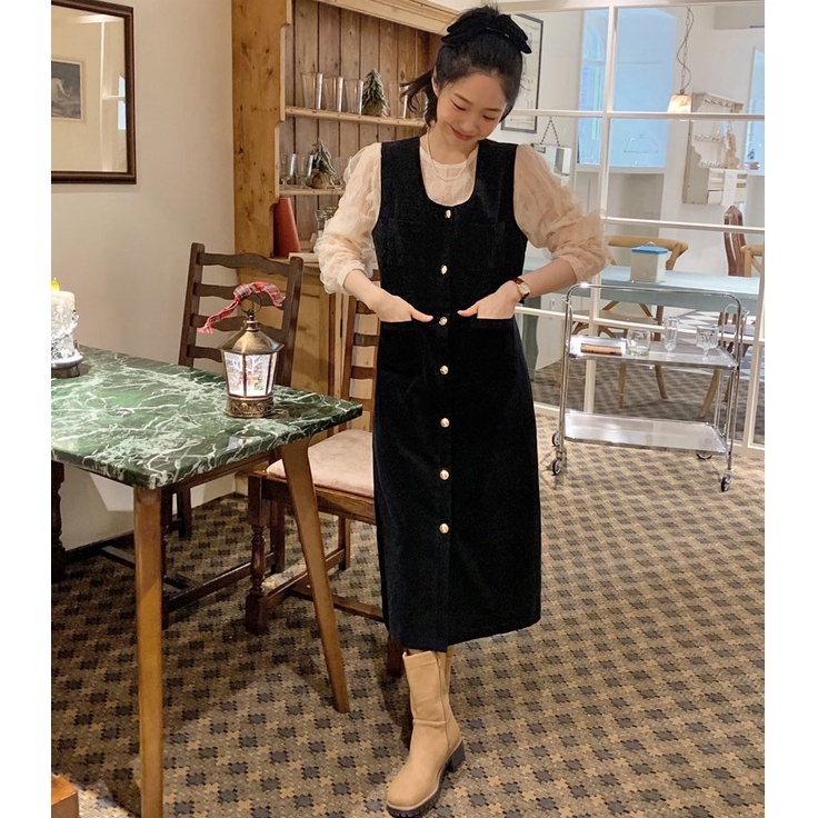 Set áo sơ mi cổ tròn dài tay và chân váy phong cách retro 48042