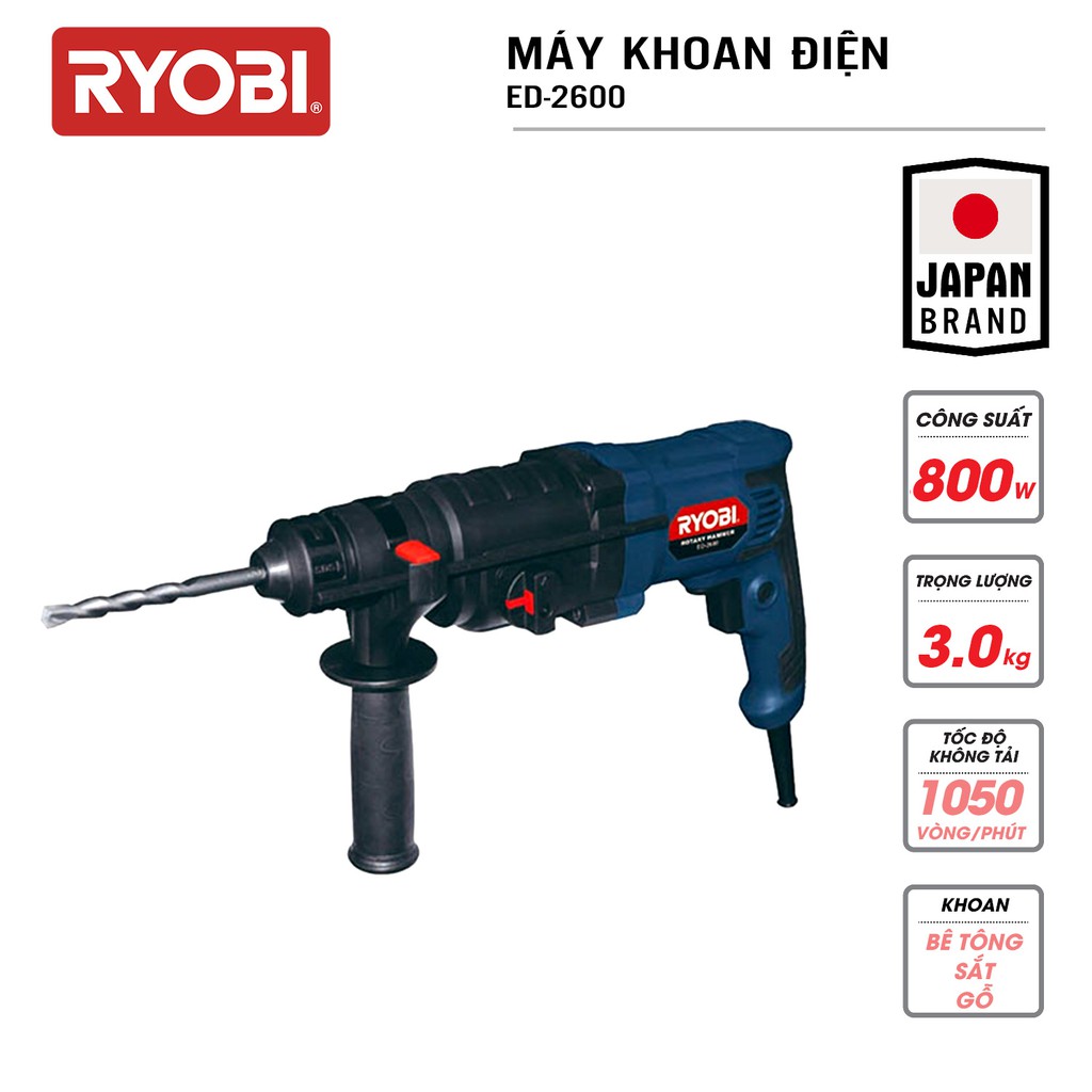 Máy khoan động lực cầm tay 3 chức năng điện 800W RYOBI (KYOCERA) - ED-2600 (Kèm Bộ mũi khoan, đục + Linh kiện)