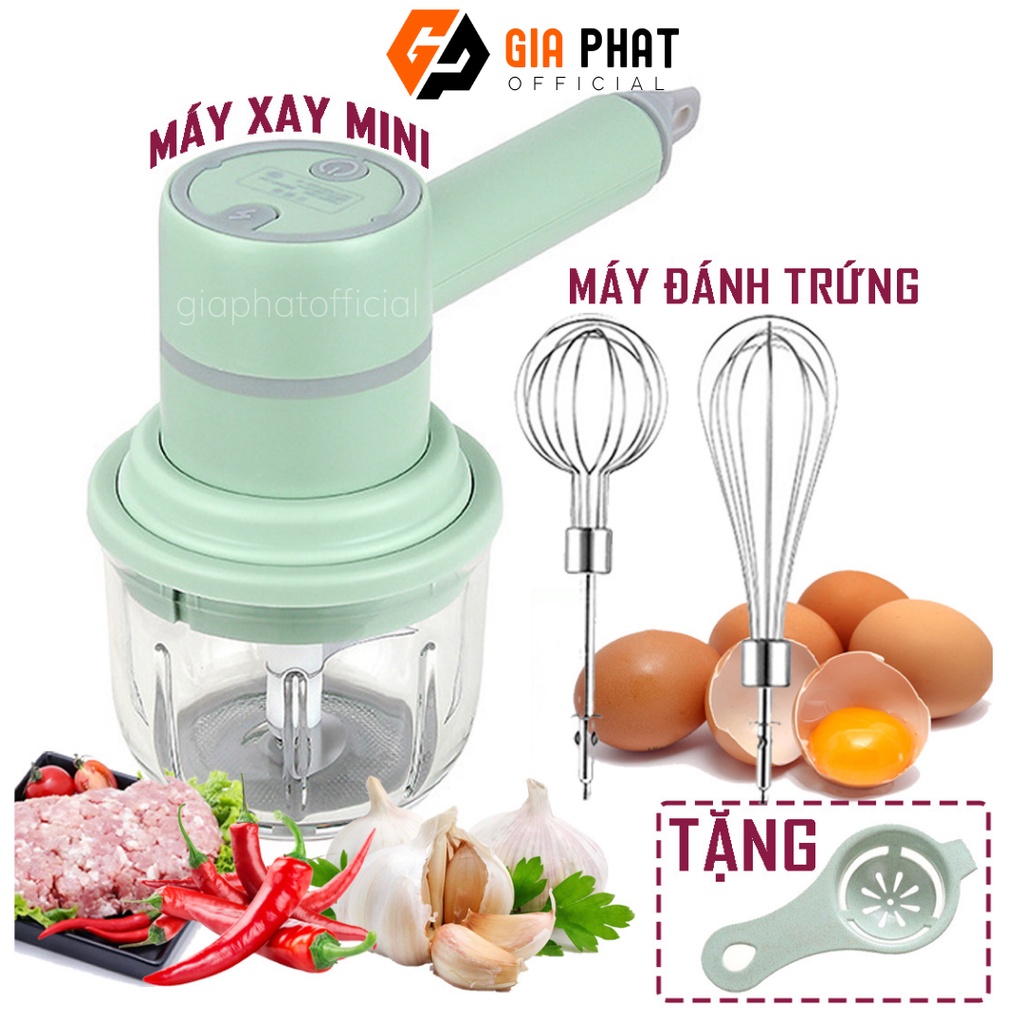 Máy Đánh Trứng Cầm Tay Mini Kiêm Máy Xay Thịt Đa Năng Sạc Tích Điện Xay Tỏi Ớt, Rau Củ Đa Năng