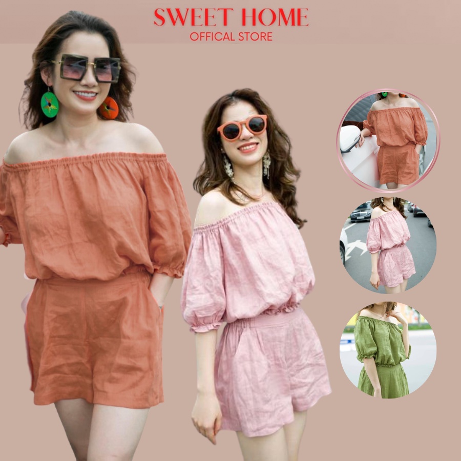 Đồ Bộ Nữ Mặc Nhà, Kiểu Trễ Vai Quần Cộc, chất liệu Vải Đũi Cao Cấp Thoáng Mát, thương hiệu Sweet Home, mã S4