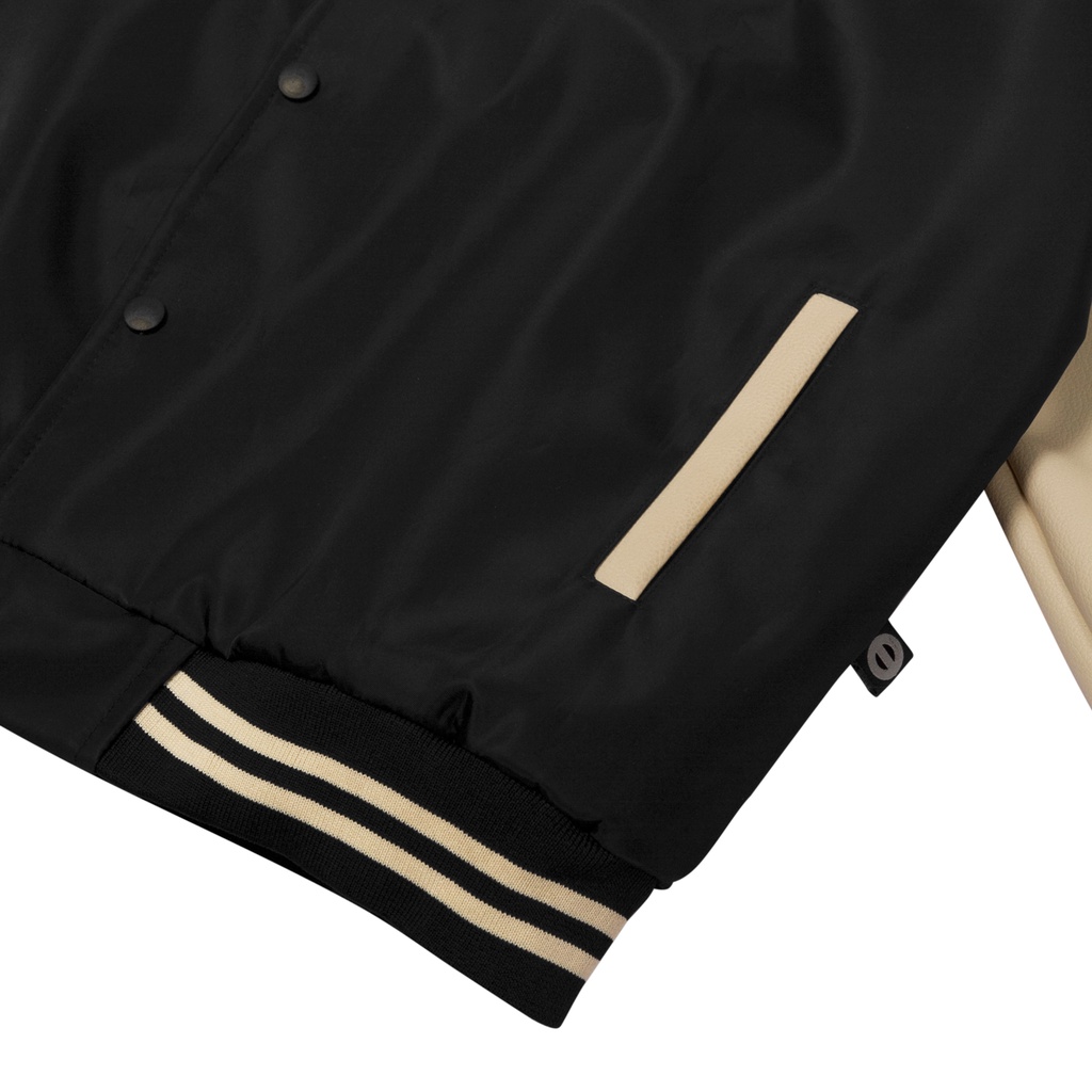 Áo Khoác Varsity tay Da màu kem, full Thêu local brand ONTOP Immortal Varsity Jacket