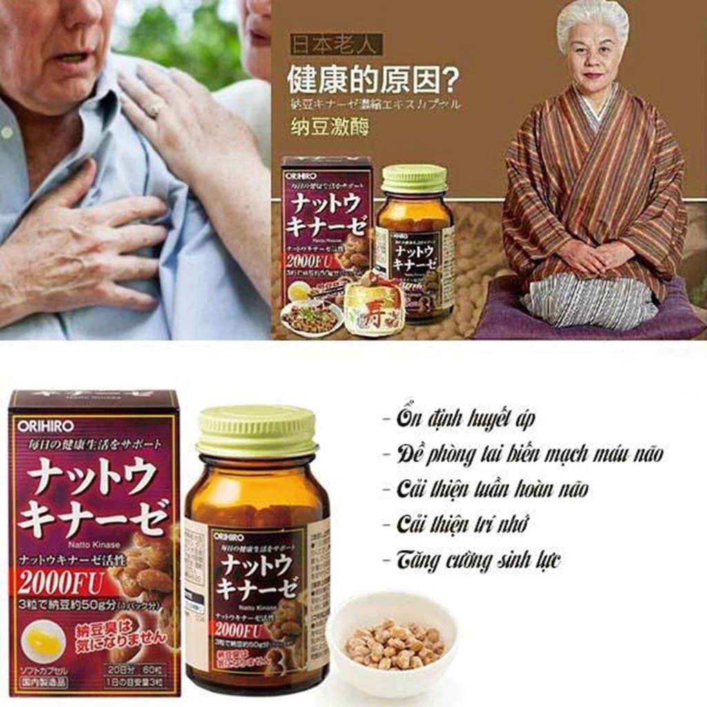 Viên Uống Hỗ Trợ Điều Trị Tai Biến Nattokinase Capsule 2000FU ORIHIRO Nhật Bản 60 viên
