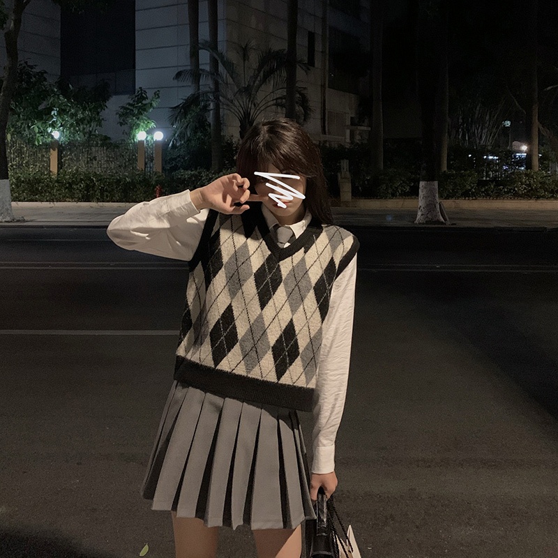 Áo Sweater Dệt Kim Không Tay Cổ Chữ V Họa Tiết Sọc Caro Phong Cách Retro Mỹ
