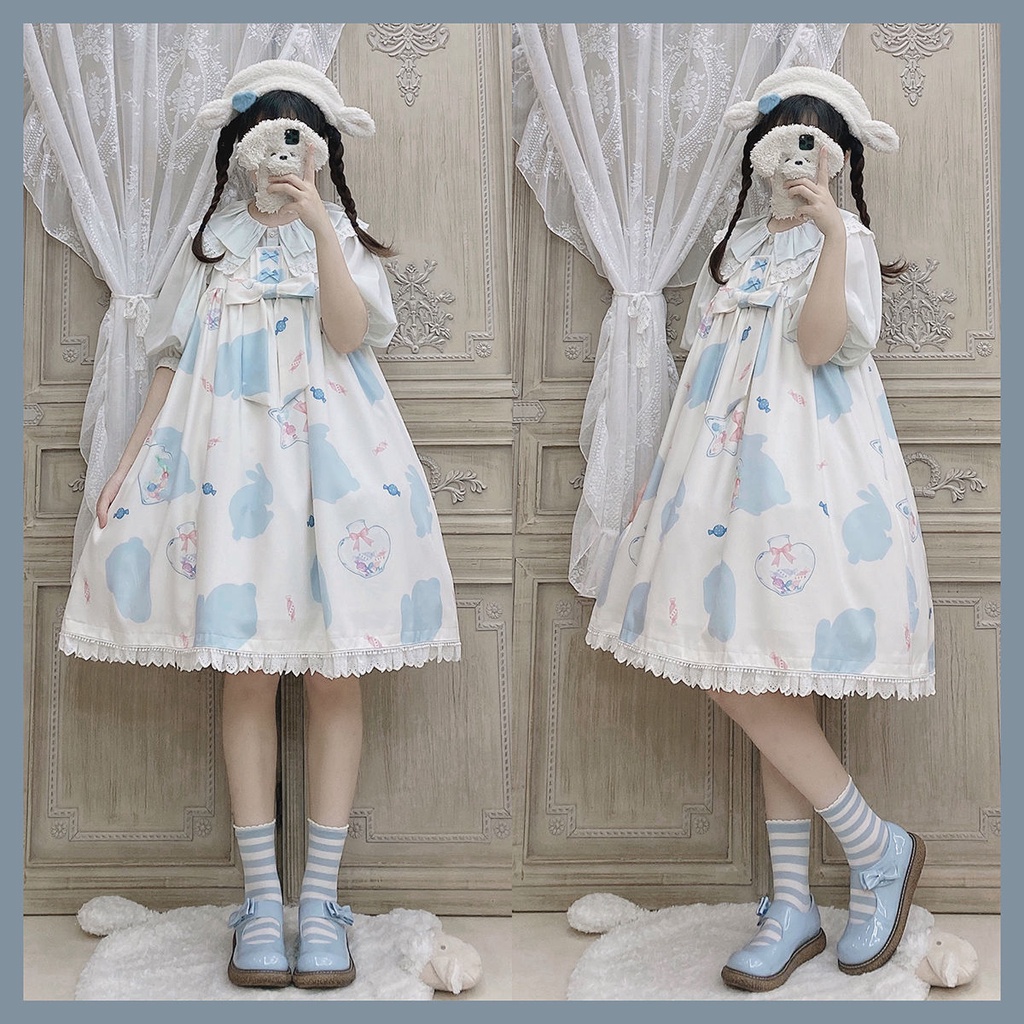 Đầm in hình thỏ màu kẹo phong cách lolita đáng yêu