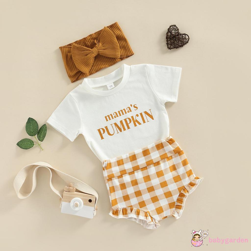 Bộ Áo Thun Tay Ngắn In Chữ + Quần Short Caro + Băng Đô Thời Trang Dành Cho Bé Gái 0-24 Tháng Tuổi