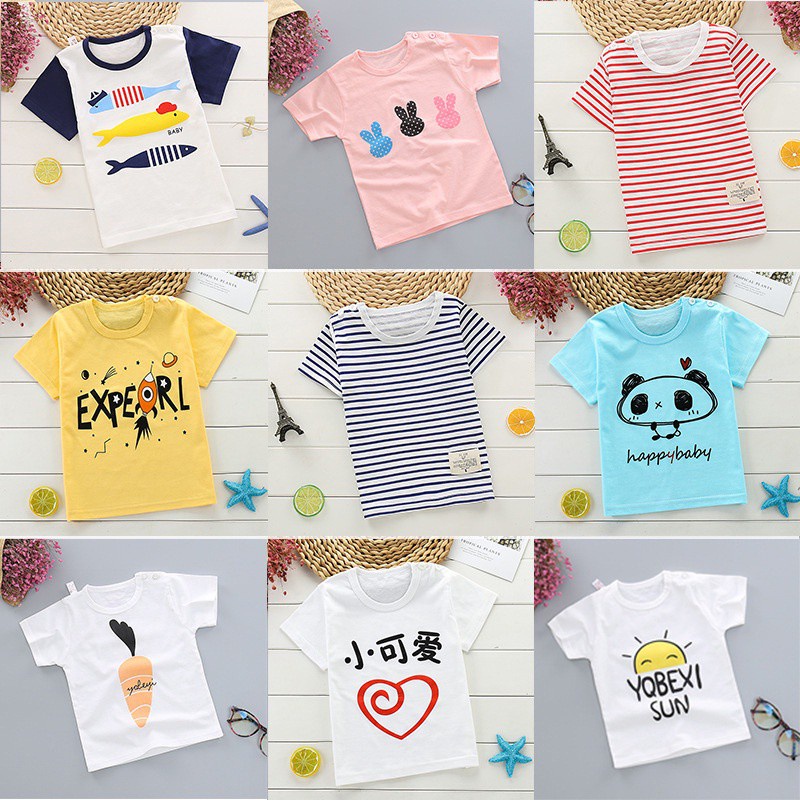 Áo thun tay ngắn cổ tròn chất liệu cotton thoáng khí thấm hút mồ hôi phong cách Hàn Quốc dành cho bé