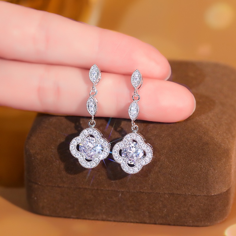 Bông tai bạc 925 JIUDUOLAN dáng dài hình cỏ bốn lá đính đá zircon nhân tạo thanh lịch phong cách Hàn Quốc cho nữ