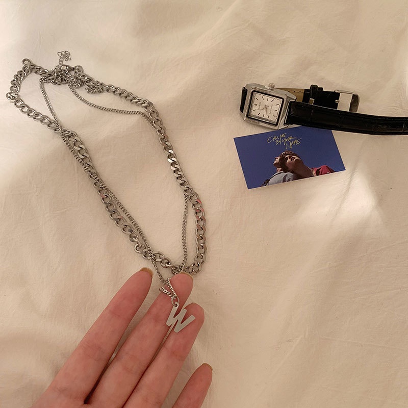 Vòng cổ Hai Sợi Dạng Chuỗi Đính Chữ W Phong Cách Hip Hop Đơn Giản Dễ Phối Đồ