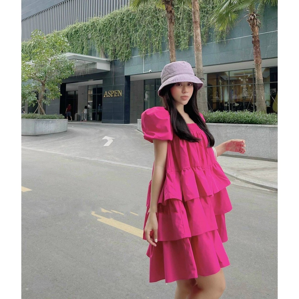 đầm baby cổ vuông tay ngắn bồng kiểu tầng y hình