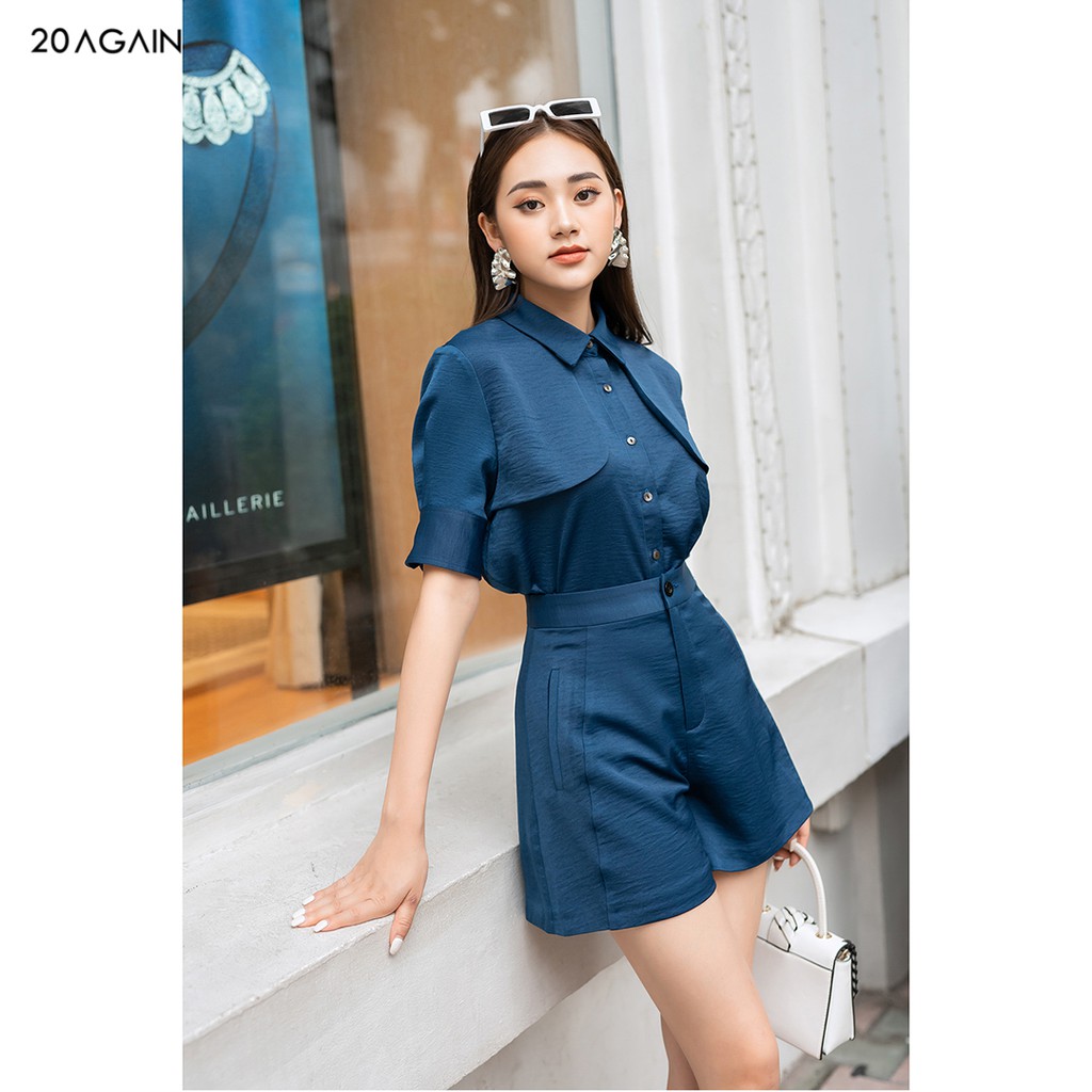 Áo sơ mi nữ ngắn tay hai tay bồng 20AGAIN, hàng thiết kế phong cách công sở, đắp vạt trước cá tính ASA1078