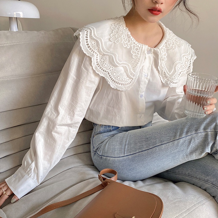 Áo Sơ Mi Trắng Dài Tay Cổ Bẻ Phối Ren Hàng Nút Phong Cách Mới 45368