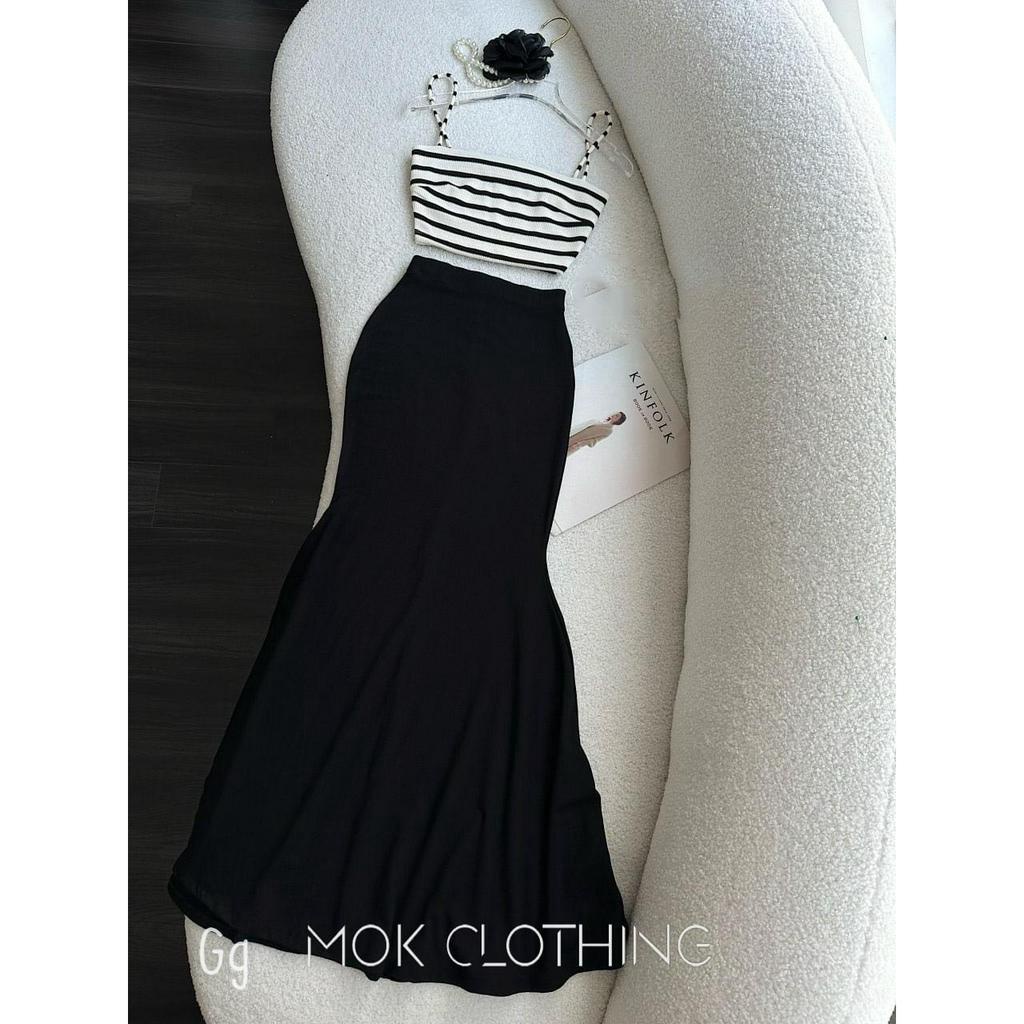 set áo 2 dây sọc, chân váy dài đuôi cá trơn, chất gân