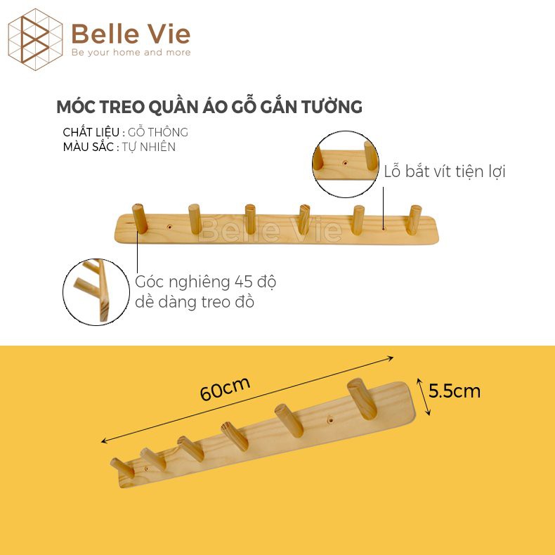 Móc Treo Quần Áo Gỗ Gắn Tường BELLEVIE Giá Treo Đồ Đa Năng Gỗ Thông Nhập Khẩu Gồm 6 Móc Treo