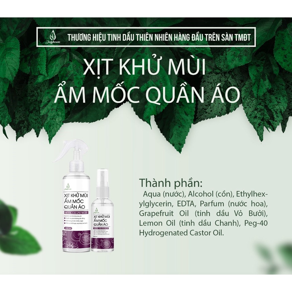 Bình xịt tinh dầu khử mùi ẩm mốc tinh dầu Vỏ Bưởi 280ml JULYHOUSE dành cho tủ đồ, mùi thơm thư giãn dễ chịu