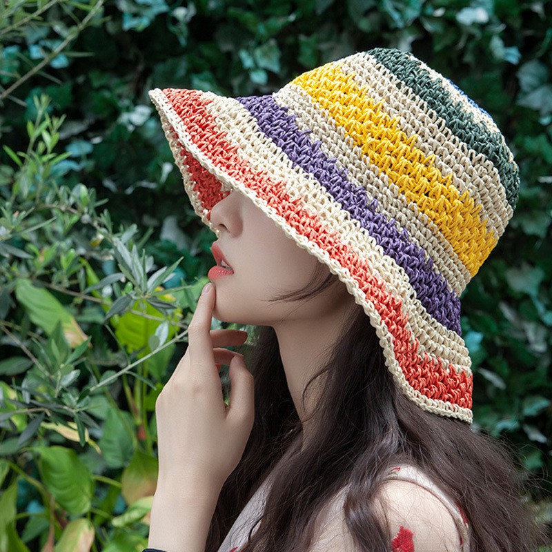 Nón cói Đi biển Vành rộng Màu sắc Kẻ sọc nhiều màu Phong cách Hyuna Hàn Quốc Mũ cói Đi du lịch Rộng vành Mùa Hè