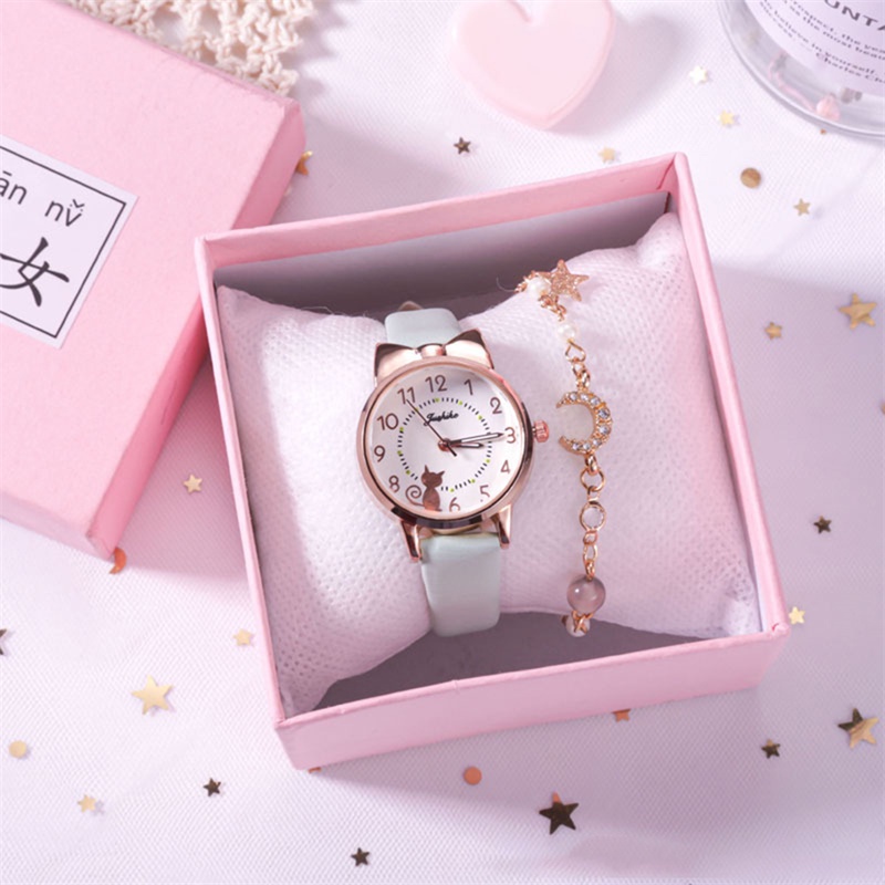 Cod Qipin Ins Đồng Hồ Đeo Tay Dạ Quang Hình Tai Mèo Đính Đá + Vòng Tay Mặt Trăng Đính Đá Làm Quà Tặng Sinh Nhật Cho Nữ