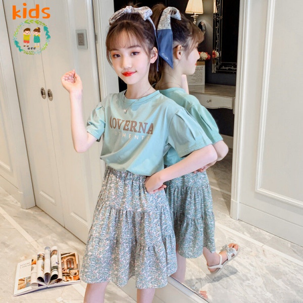 Bộ Áo Thun Cotton + Chân Váy Thời Trang Mùa Hè Kiểu Mới 2022 Cho Bé 3-5-8-10-12-13-15 Tuổi