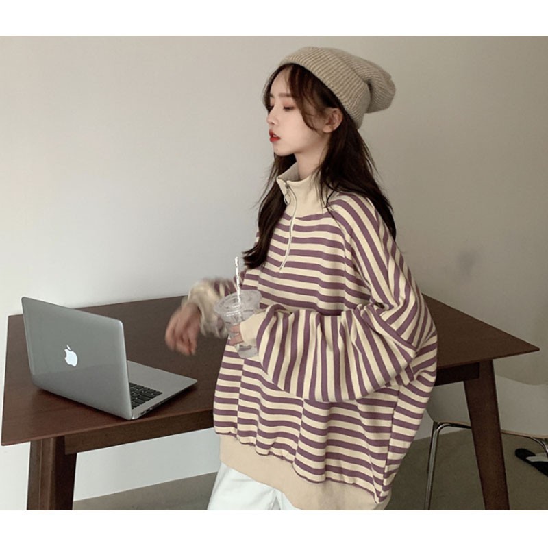 Áo Sweater Vải Cotton Mỏng Dáng Rộng Kẻ Sọc Phối Khóa Kéo Cá Tính