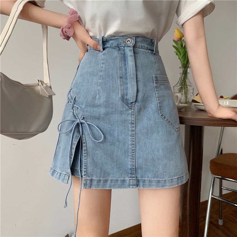 Chân váy bò nữ ngắn dáng chữ A thắt nơ xinh siêu xinh, Chân váy jeans ulzzang nơ túi hộp có quần trong