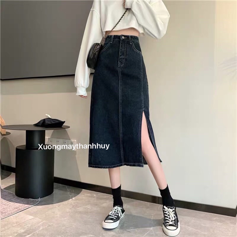 Chân váy bò dáng A cạp cao, váy jean xẻ tà unisex chỉ nổi | BigBuy360 - bigbuy360.vn