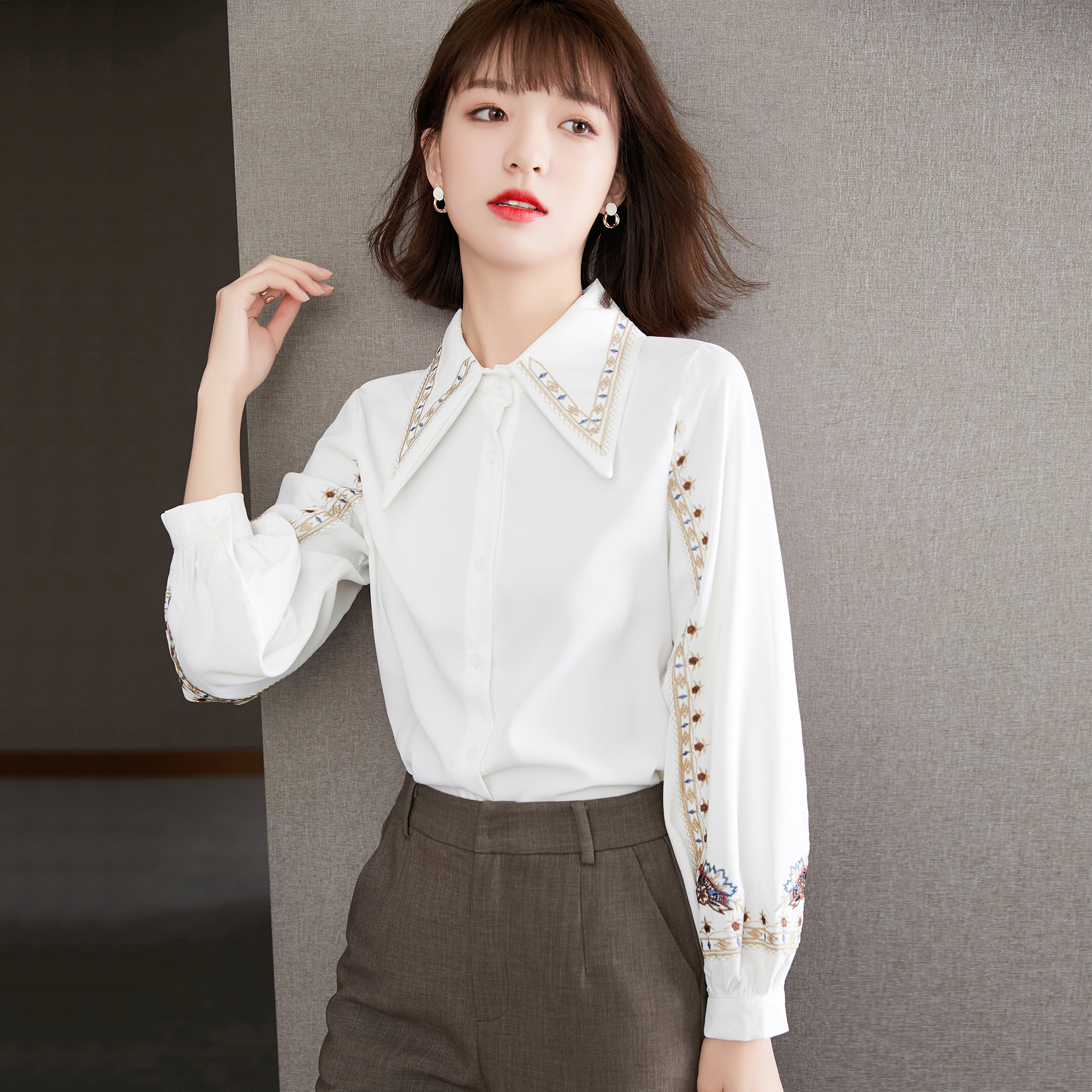 Spring Vintage Hong Kong Style White Shirt Design Small Quantity Chiffon Long Sleeve