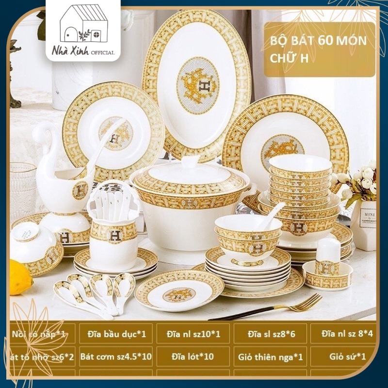 Bát Đĩa Cao Cấp/ Bộ Bát Chữ H, Sứ Xương, 60 Món, Dành Cho Bàn Ăn Lớn, Mã Hàng 8.5, Bộ Chén Dĩa Đẹp, Vàng Trắng Họa Tiết.