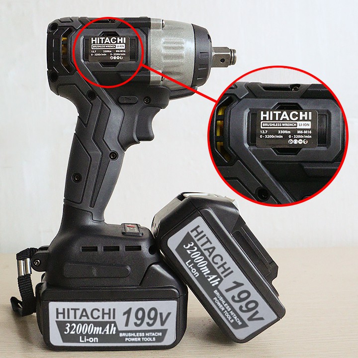 Máy siết bulong Hitachi 199V - 3 ĐÈN LED - PIN 10 Cell - KHÔNG CHỔI THAN, bắt vít ốc ô tô