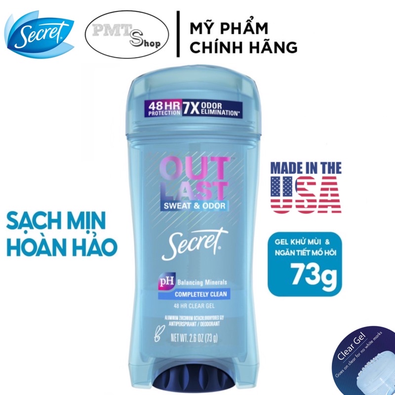 (NK Mỹ) Lăn khử mùi nữ Secret Clear Gel Completely Clean 73g ngăn mùi &amp; giảm tiết mồ hôi Made in USA
