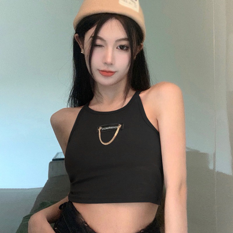 Áo Croptop Hai Dây Ôm Dáng Phối Dây Xích Và Đệm Ngực In Chữ Phong Cách Hàn Quốc Cho Nữ