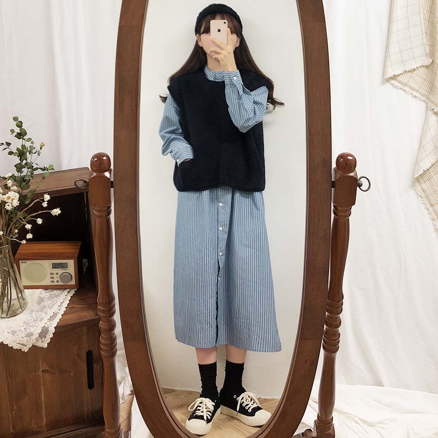 Đầm tay dài/ Áo không tay 31650 dệt kim cổ tròn