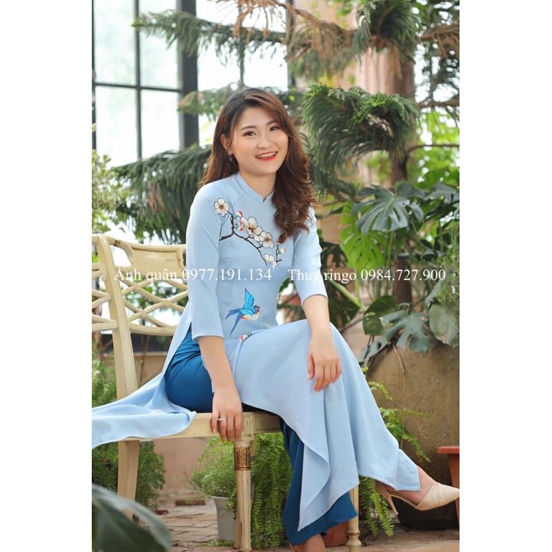 Áo dài may sẵn - áo thêu lắc tay thủ công