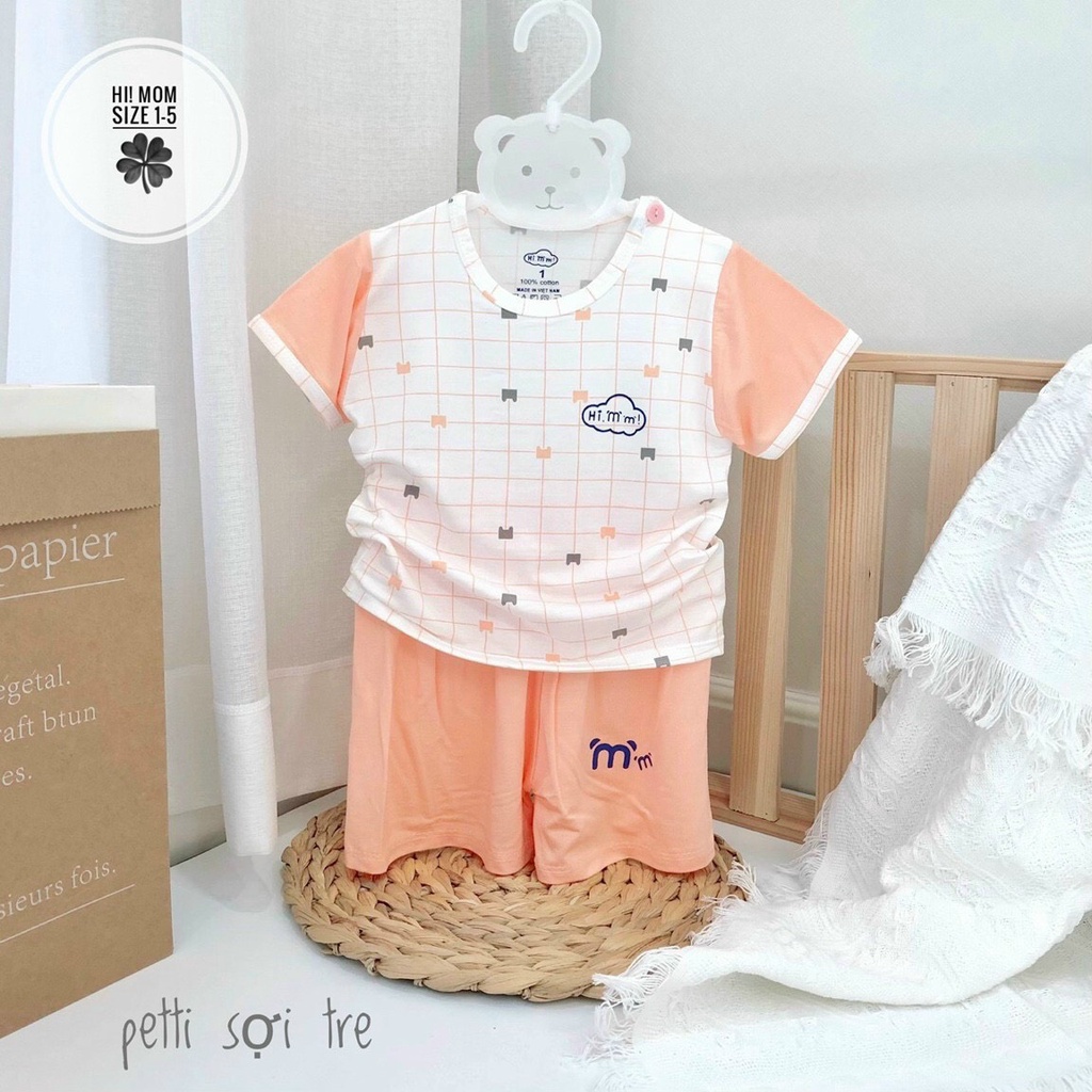 Bộ cộc tay pettit thun lạnh cài vai Hi mom họa tiết kẻ caro phối màu