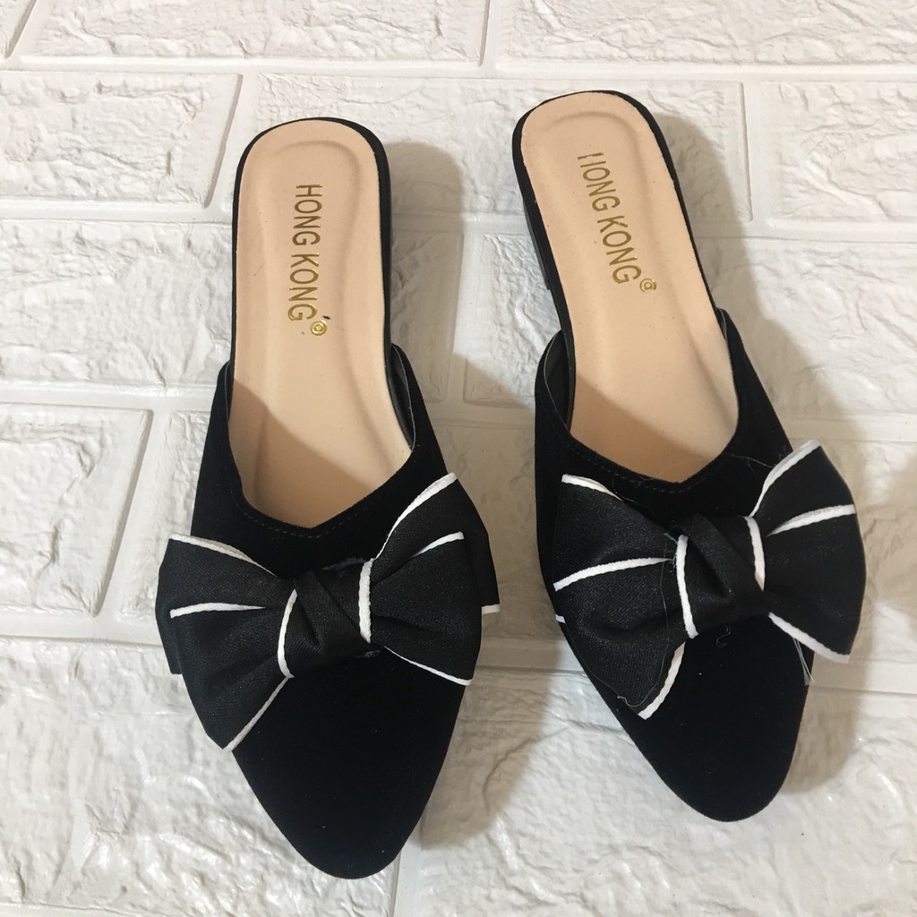 ⚡SALE SỐC ⚡ Dép Sục Nữ Da Lộn Đính Nơ Viền Trắng Xinh Xắn - Ảnh Chụp Thật