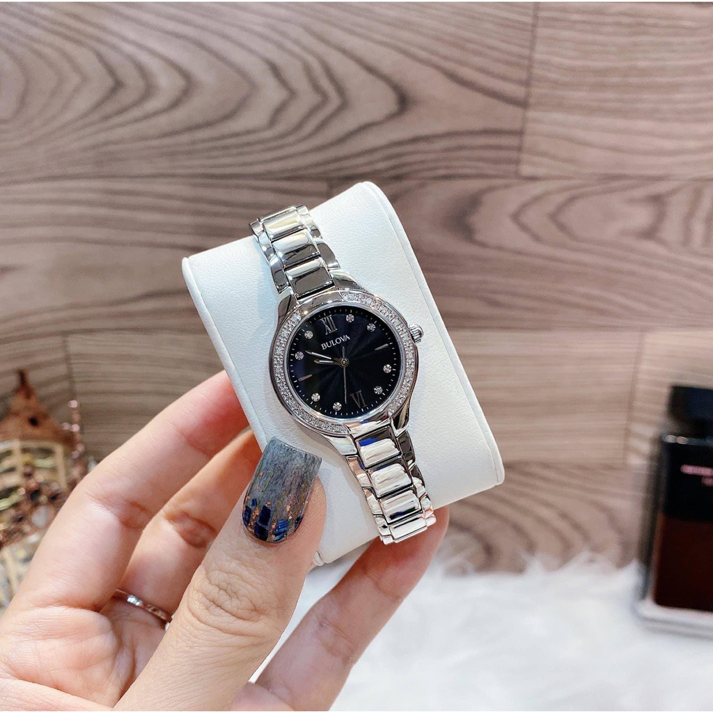 Đồng hồ nữ Bulova 96R207 mặt đen, viền đá  ⚜️Hàng Authentic⚜️