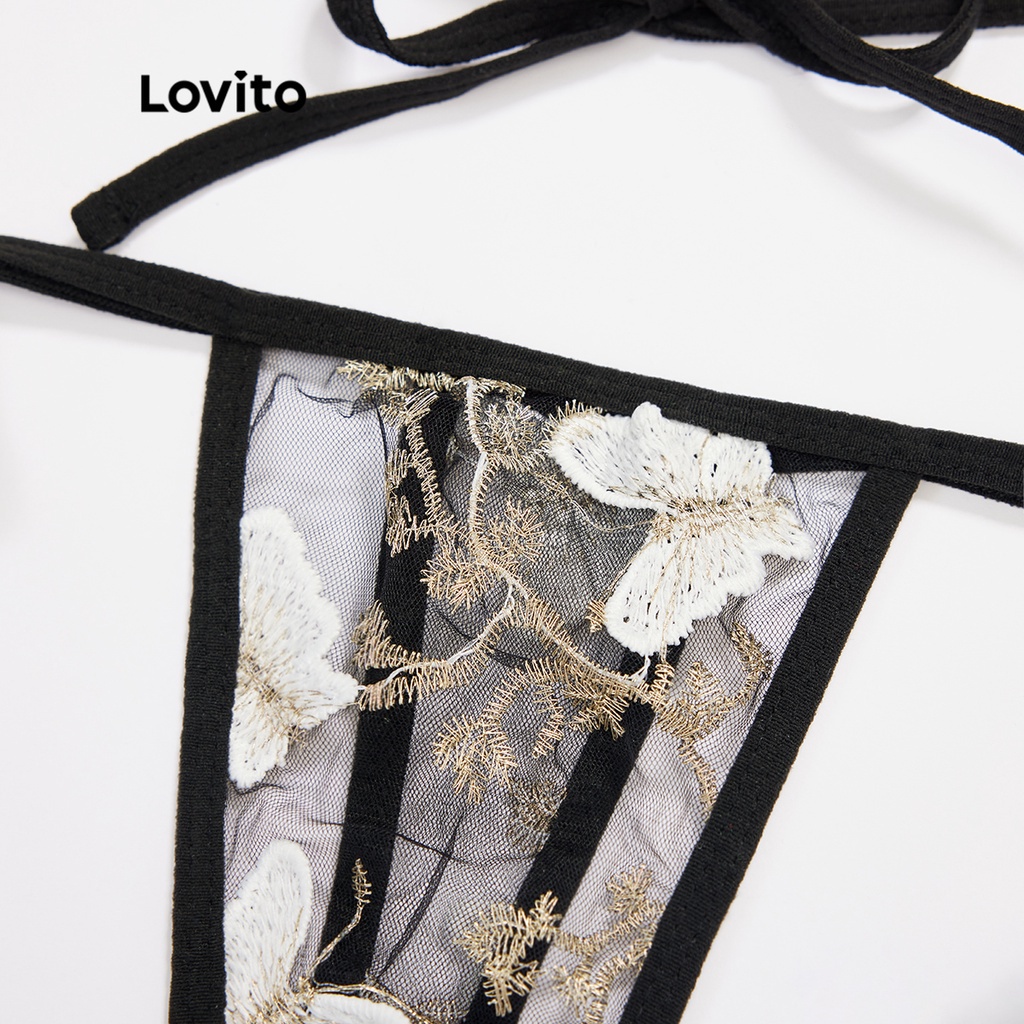 Áo lót Lovito hình tam giác không có miếng đệm vải xuyên thấu họa tiết bướm phối dây buộc sexy L17X445 (xám/đen) | WebRaoVat - webraovat.net.vn
