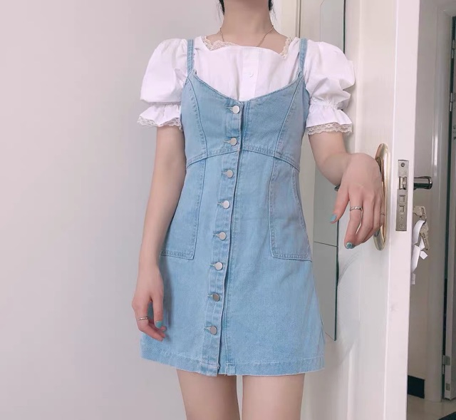 Set yếm váy bò denim 2 dây cúp ngực cúc trước kèm áo kiểu tay bồng ulzzang hàn quốc