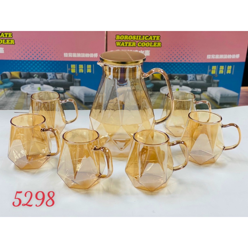 Combo bộ bình uống nước và 6 cốc thuỷ tinh cao cấp ánh vàng sang chảnh Bình cốc lục giác, Nắp Vàng