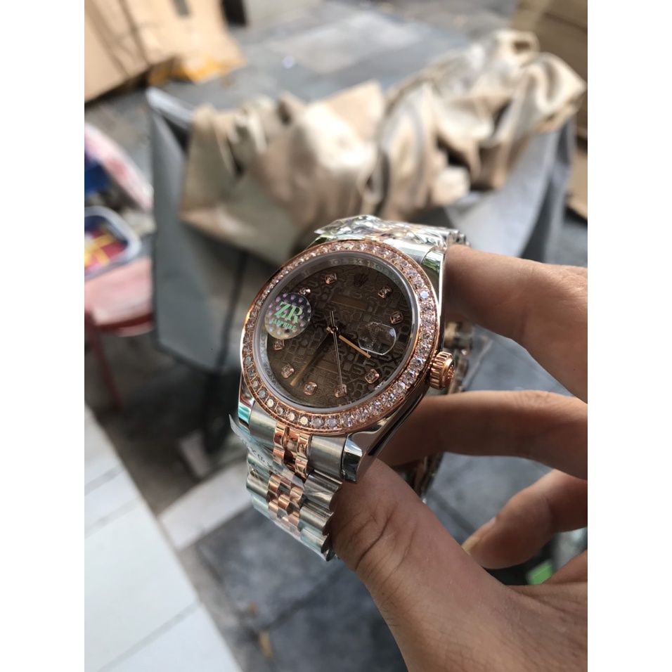 Đồng hồ nam Rolex đồng hồ cơ máy nhật mặt màu nâu cafe 3D viền đá size 41-42mm