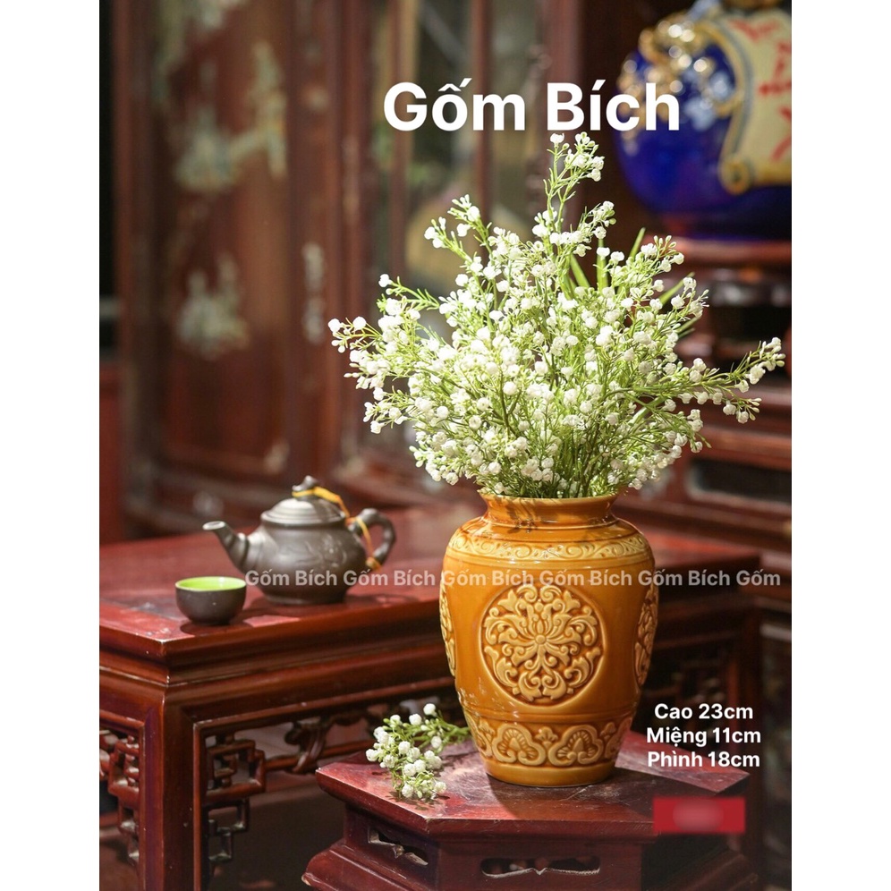 Bình Hoa Lọ Hoa Sứ Men Hoàng Thổ Nhiều Mẫu Khắc Sen Nổi Gốm Sứ Bát Tràng - Gốm Bích