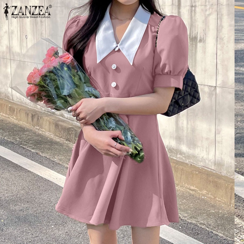 Zanzea Đầm Tay Phồng Ngắn Cổ Bẻ Phối Khóa Kéo Phong Cách Hàn Quốc Thời Trang Cho Nữ