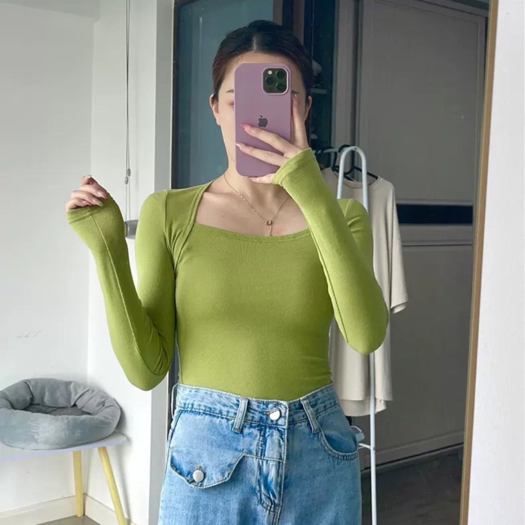 Áo thun cổ vuông dài tay, áo cổ vuông tôn dáng hàng cao cấp order Taobao nhà Oanhdilys