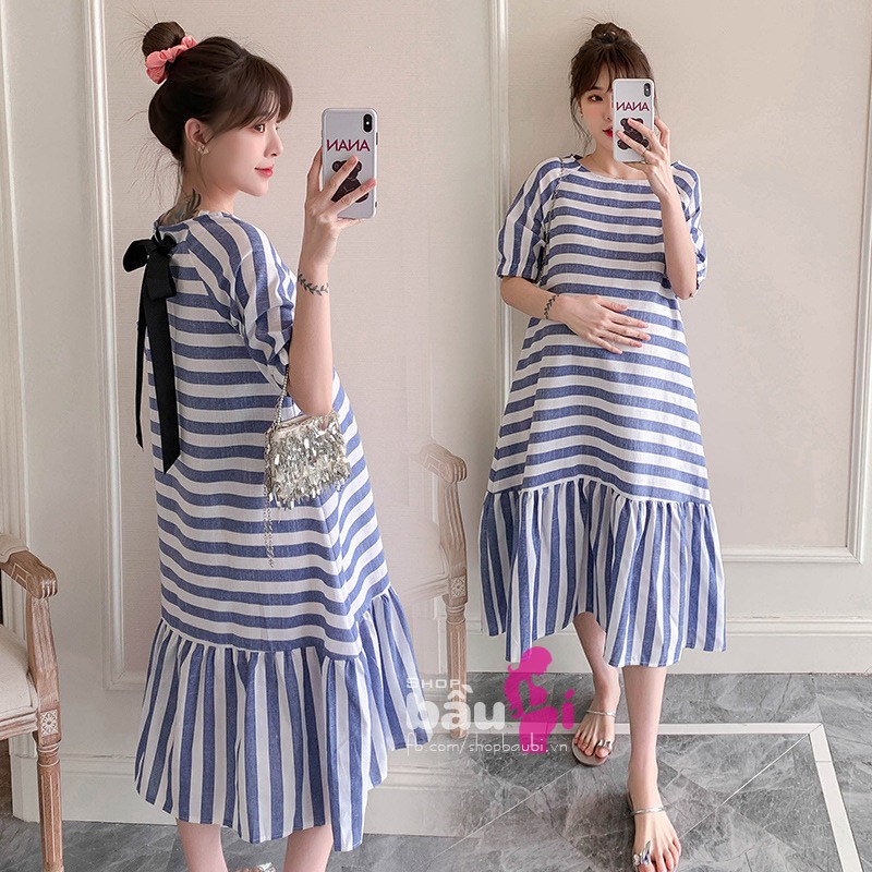 Đầm bầu suông đuôi cá kẻ ngang thoáng mát style Hàn Quốc Trẻ Trung Dễ Thương - SBV172