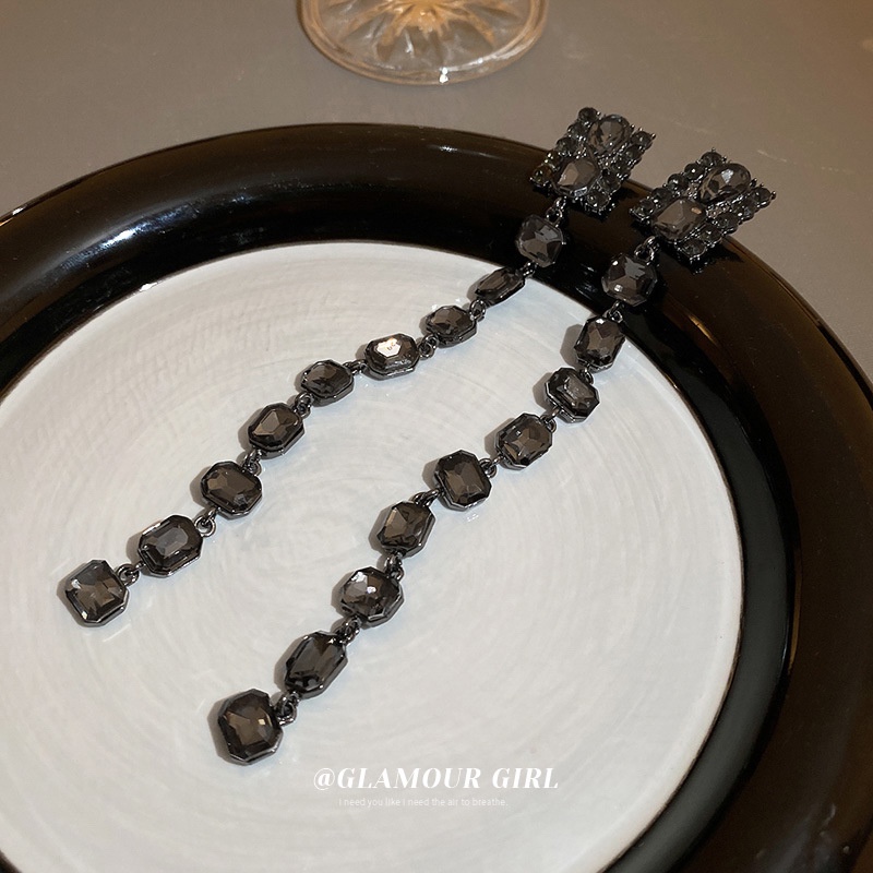 Bông Tai Dáng Dài Hình Vuông Phối Tua Rua Mạ Bạc Phong Cách Âu Mỹ Thời Trang