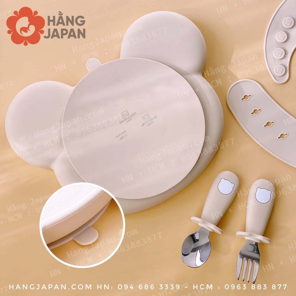 Khay, đĩa, thìa nĩa ăn dặm Bar Rot silicon mini hình gấu có đế hít chống trượt chất liệu siêu bền đẹp cho bé