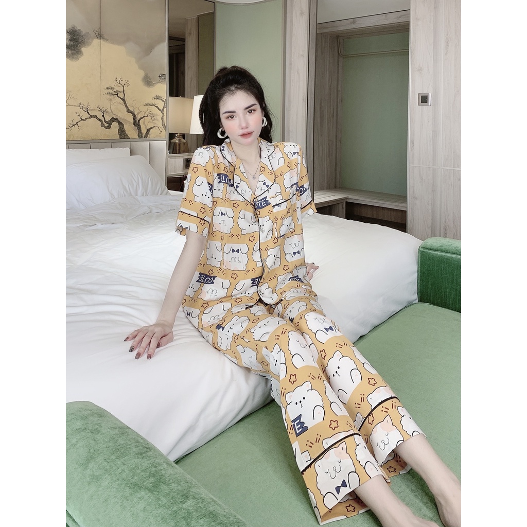 Đồ Bộ Pijama Nữ Lụa Mango Cao Cấp,Tay Ngắn Quần Dài,Chất Vải Mềm Mịn,
