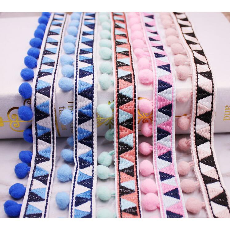 Dải ruy băng thêu hoạ tiết phối tua rua hạt pom pom nhiều màu sắc