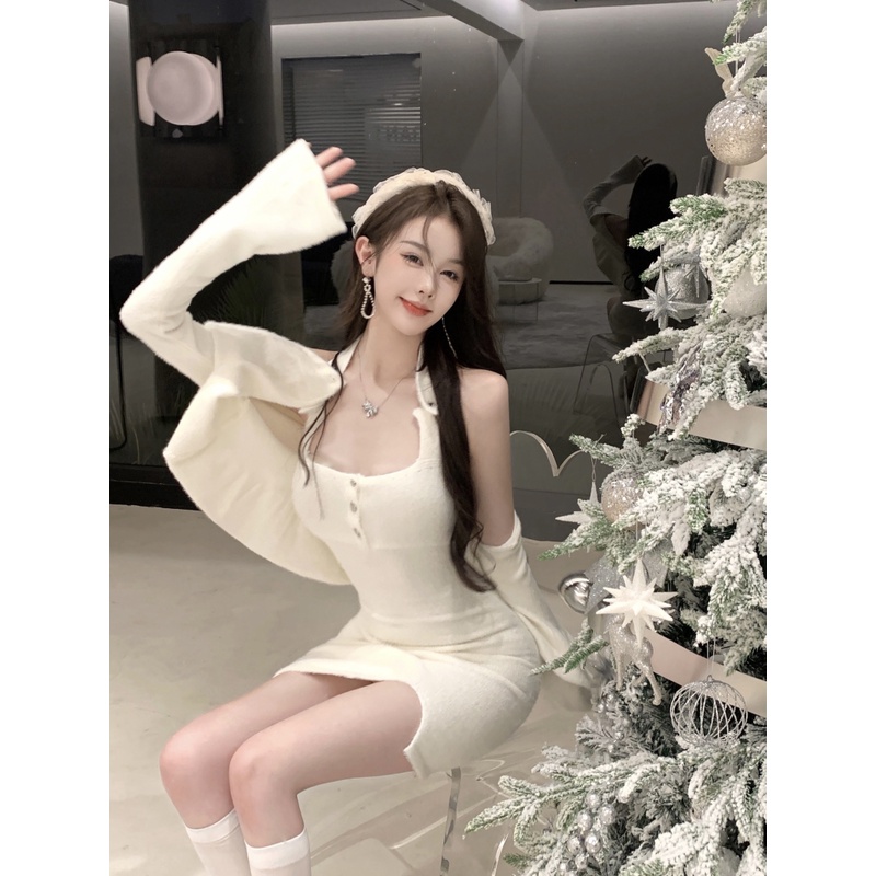 SẴN Set áo khoác len thu đông tay dài noel croptop cardigan + đầm dệt kim yếm hở lưng vai sexy ôm body bó sát cổ xẻ tà